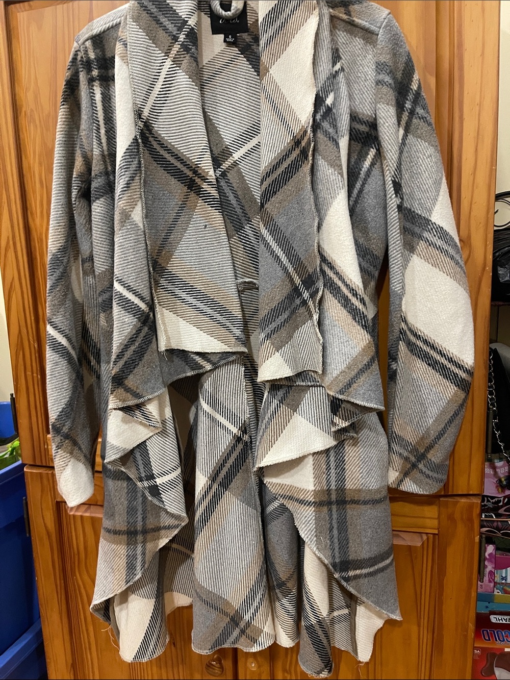 Vintage! Y2K~Dots Plaid Draped Open-Front Cardigan Cape in Gray Cream & Tans